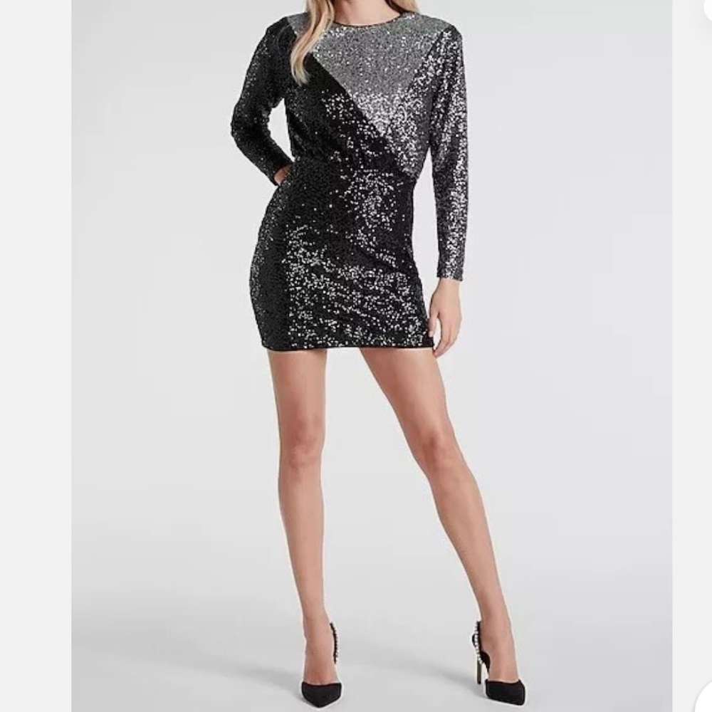 Express Black and Silver Sequin Asymmetrical Dress
